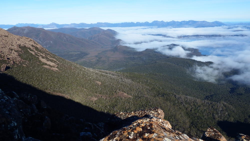 The view of Western Arthurs and Lake Pedder on the way up to Mt Eliza